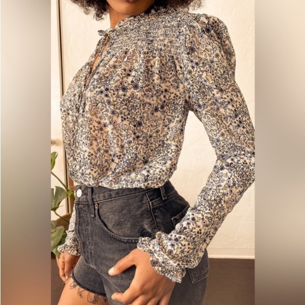 Free People Lela Blouse XS Floral Smocked Semi Sheer Cottagecore Prairie Boho